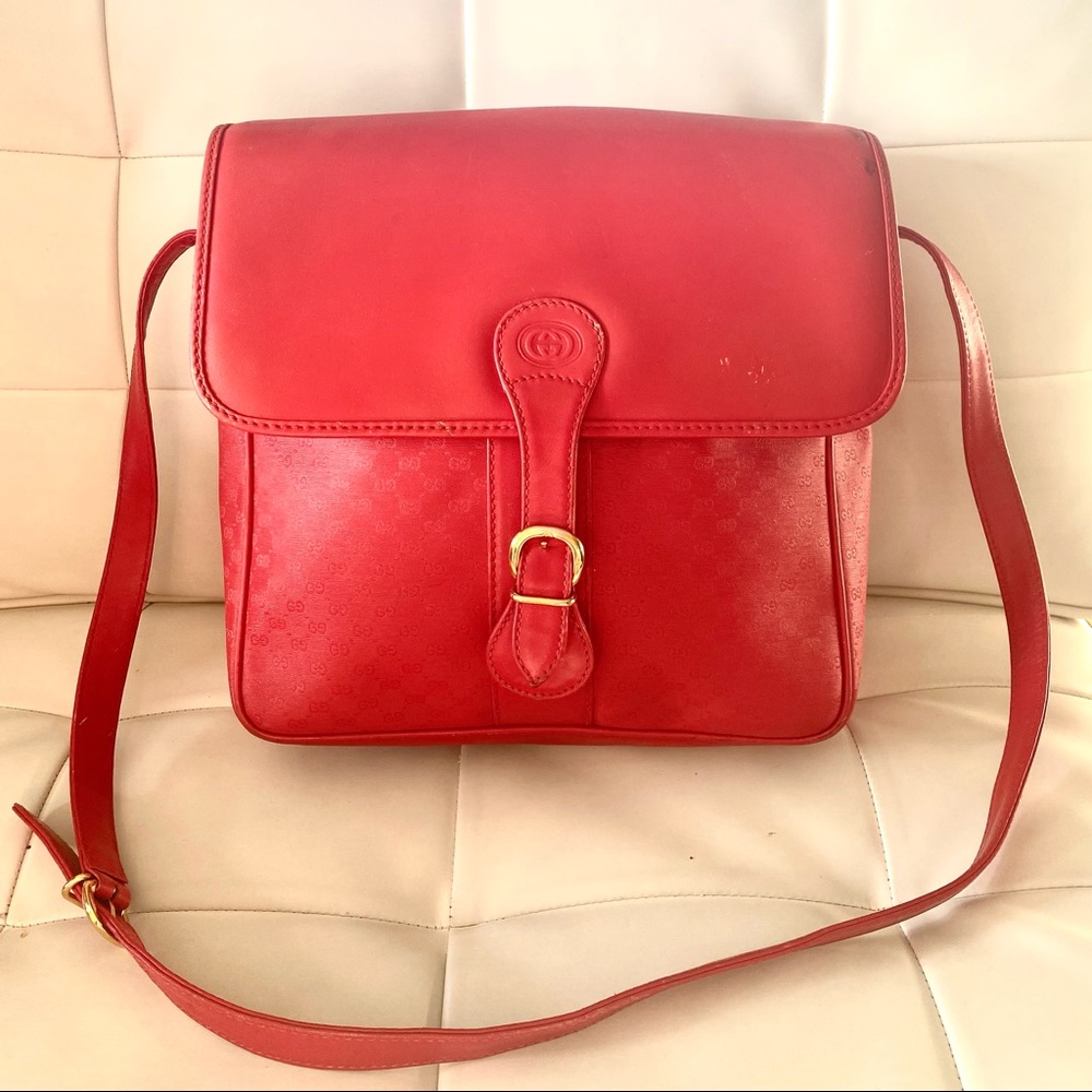 Vintage Gucci GG monogram coated canvas large bright red crossbody satchel bag